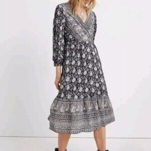 LUCKY BRAND BLACK AND BEIGE FLORAL CLASSIC WRAP LONG SLEEVED DRESS SIZE: SP